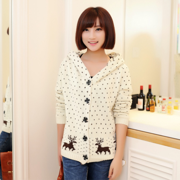 2013新款 小鹿图案V领<em>带帽</em>长袖<em>针织衫女开衫</em>