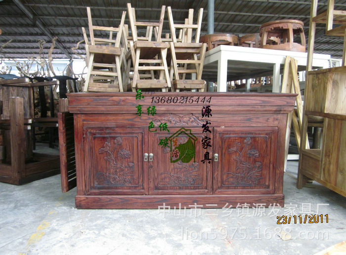 YF0942榆木鱼缸底柜 5门 雕荷花 1.5米鱼缸 实木柜 源发原木家具