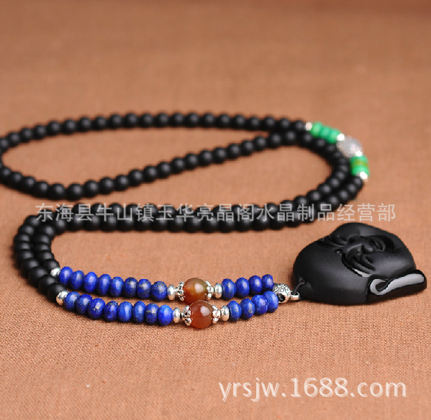 亮晶阁<em>水晶</em>天然黑曜石磨砂配黑曜石佛头<em>毛衣链</em>