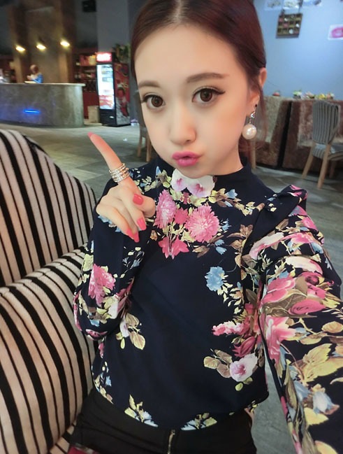 2014韩版新款雪纺打底衫后拉链花朵上衣 女雪