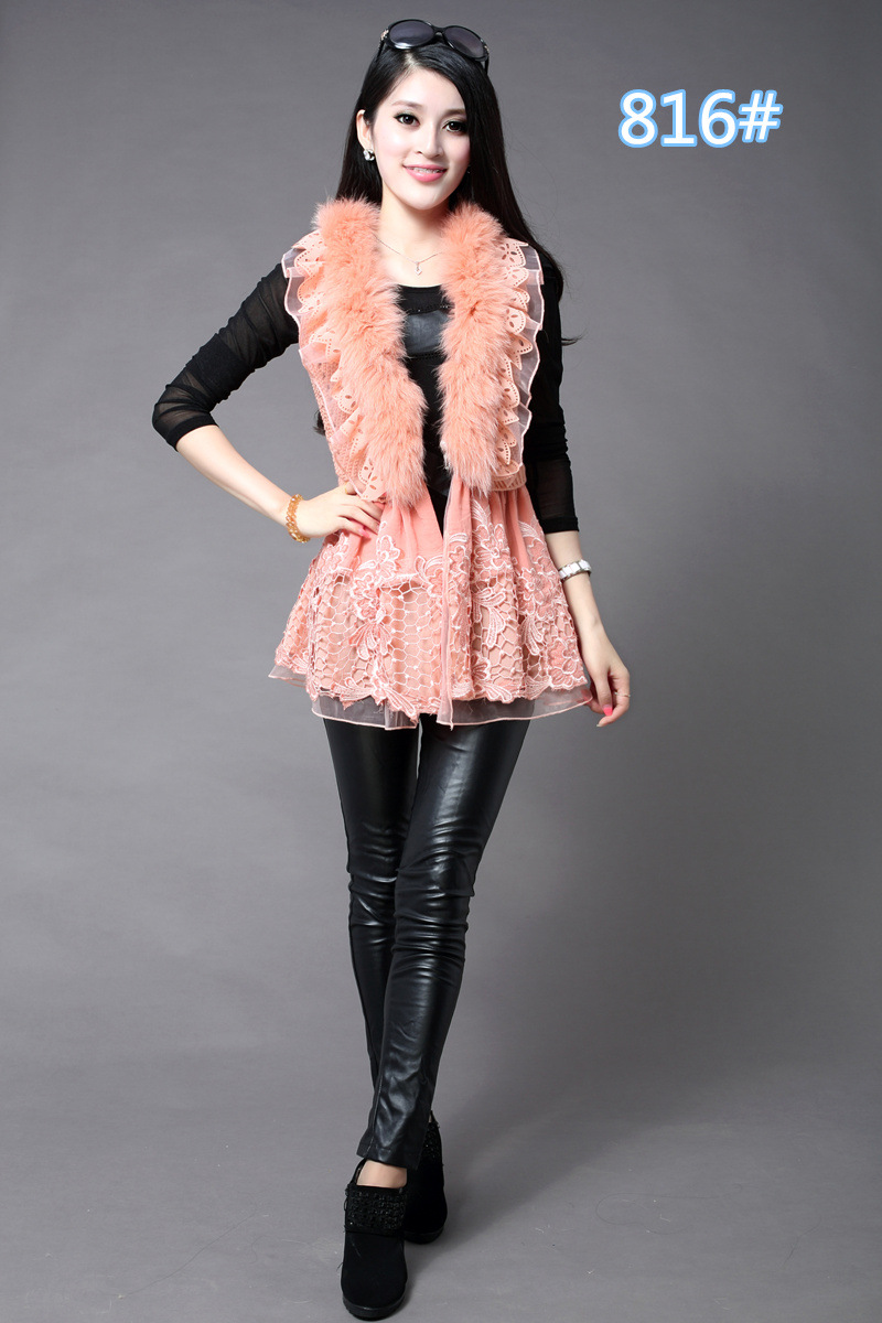 实拍真毛领拼接<em>镂</em>外套<em>空</em>蕾丝花边背心 毛线针