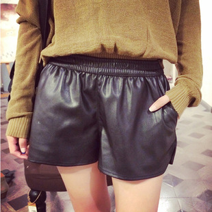 代理 秋装休闲百搭宽松显瘦松紧腰PU<em>女短裤</em>热