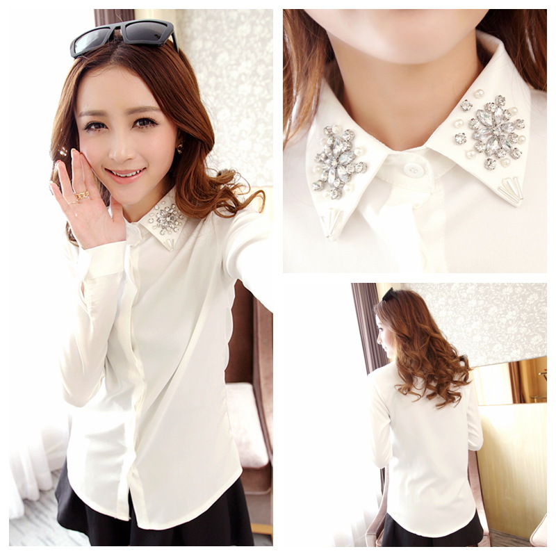 <em>春装</em>新款韩版<em>女装衬衣</em>烫钻上衣打底衫白<em>衬衫</em>女