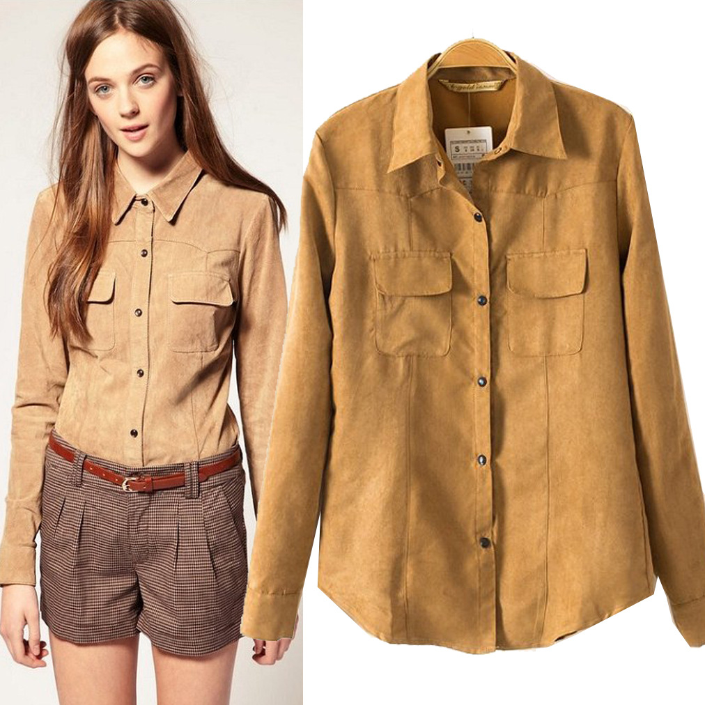 2014<em>春装</em>新款<em>女装</em> 修身长袖<em>衬衣</em> 仿鹿皮绒纯色