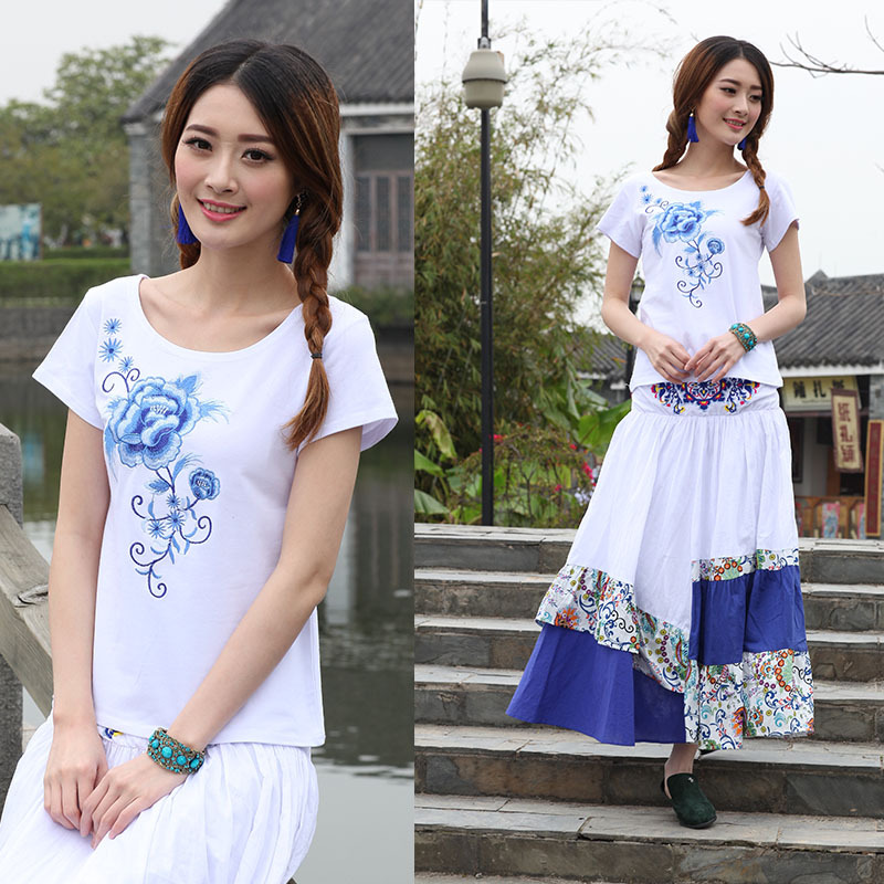 <em>2014年新款夏装</em>刺绣T恤女民族风<em>女式</em>短袖绣花