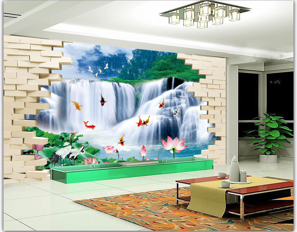 瀑布流水3d立体风景风光电视背景墙装饰画 高档餐厅酒店墙纸壁画