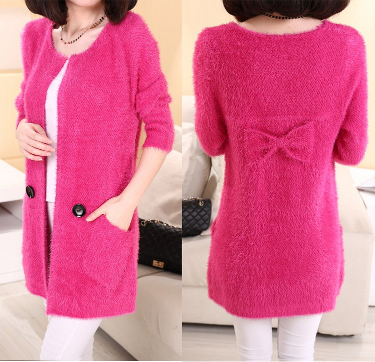 东大门新款时尚秋装仿<em>貂绒</em>马海毛<em>蝴蝶</em>结中长款