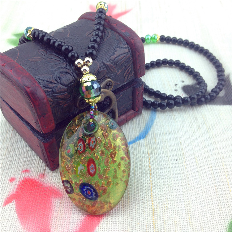 【新款上市 陶瓷串珠民族风椭圆<em>琉璃</em>吊坠<em>毛衣</em>