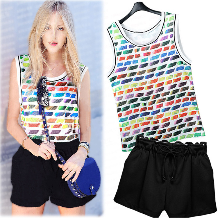 QN235彩虹图案无袖<em>背心</em>+松紧<em>阔腿</em>百搭<em>短裤</em>套