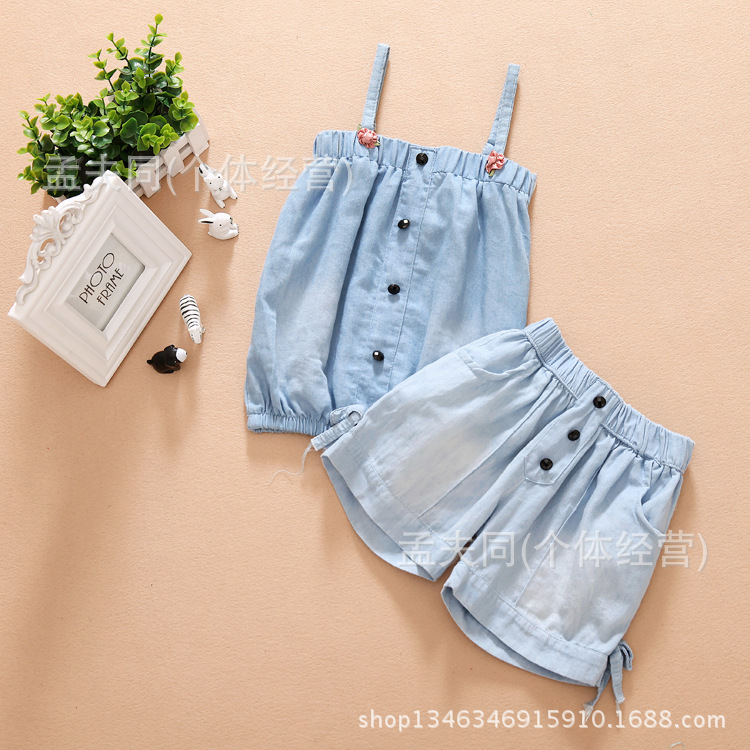 新款欧美风夏季<em>女童</em>吊带<em>套装</em> 儿童<em>套装女童牛</em>