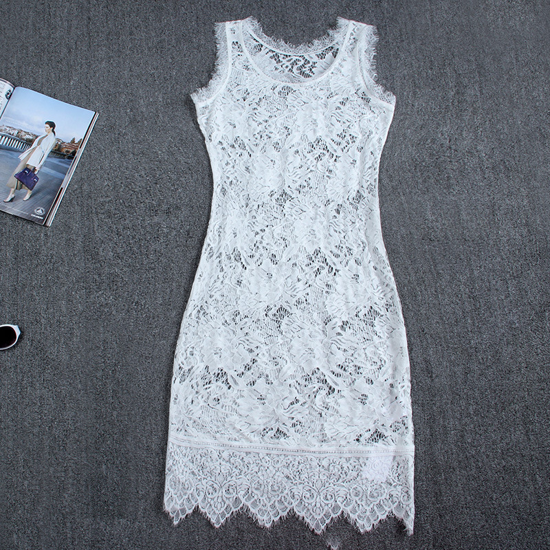 2014春夏中长款纯色蕾丝镂空透明连衣裙 图片