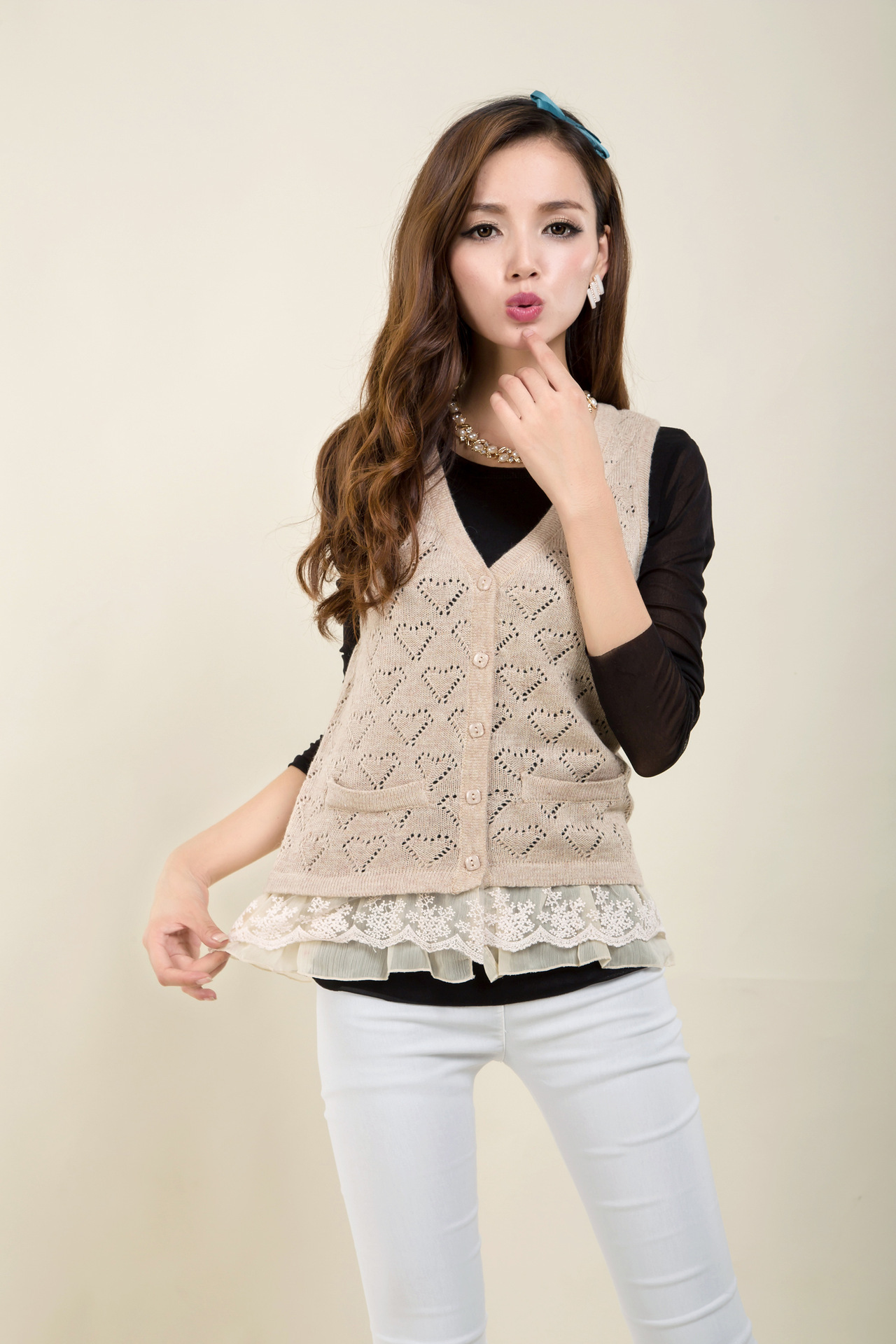 14新款 韩版心型<em>钩花</em>镂空<em>开衫女士背心</em> 可爱糖