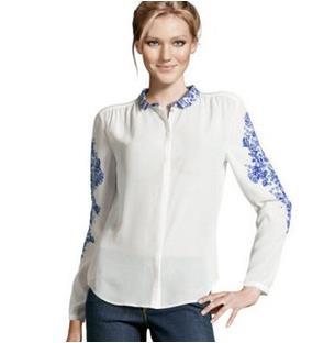 欧美秋款女装青花瓷<em>印花</em>长袖<em>开衫雪纺衫</em>单排扣