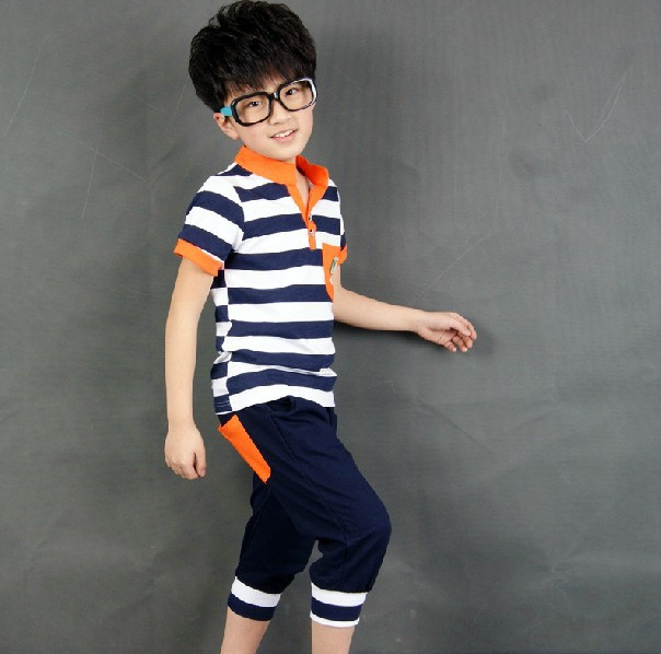 童装男童夏装套装条纹短袖运动套装宝宝儿童韩