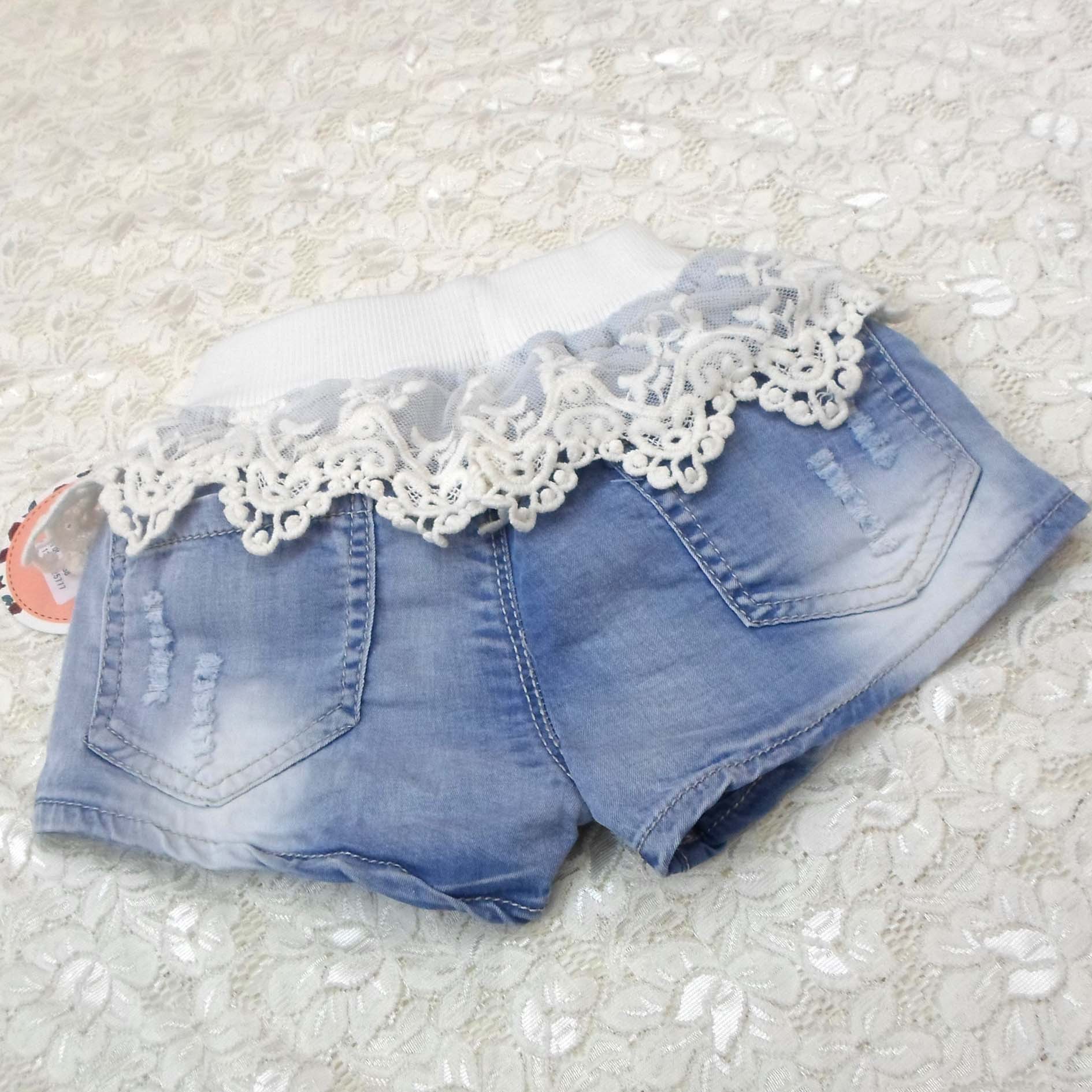 韩版水洗磨白女童<em>蝴蝶结</em>蕾丝<em>花边</em>牛仔<em>短裤</em>新品