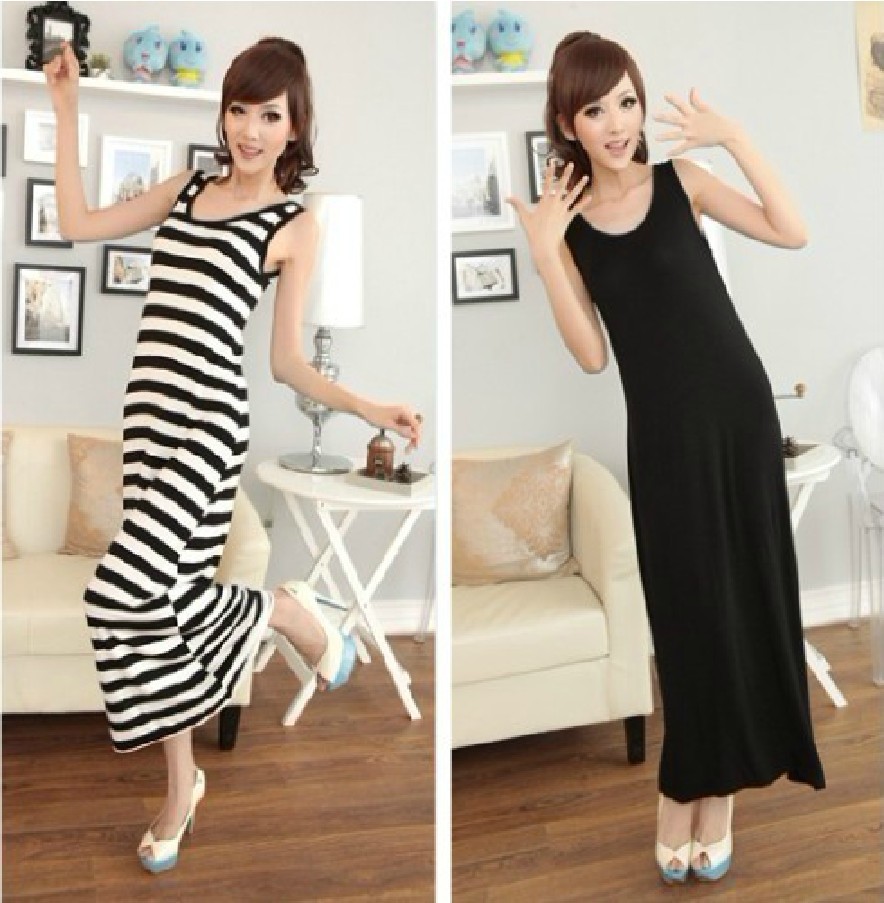 2014韩版夏装<em>女波西米亚长裙</em>黑白条纹连衣裙