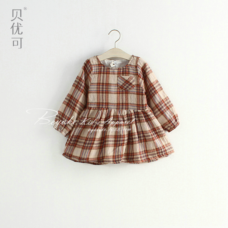 贝优可 秋款 韩版 外贸童装 <em>大格</em>子女儿童裙<em>连衣</em>