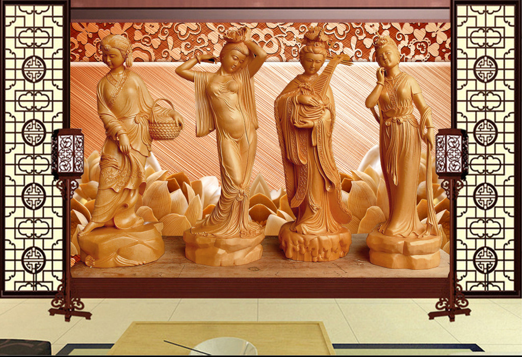 酒店洗浴装饰画<em>定做</em>批发 客厅<em>3D</em>木雕四大<em>美女</em>