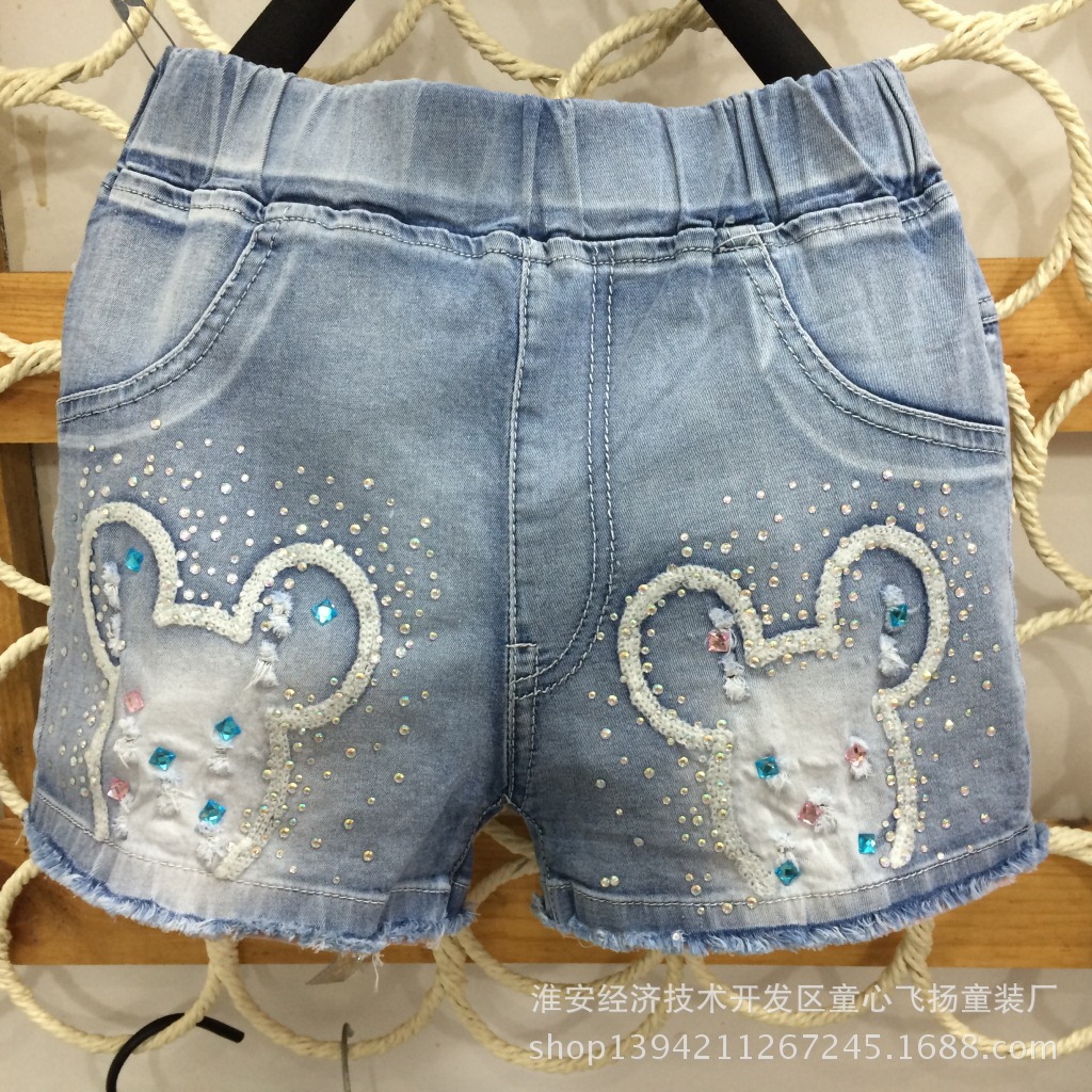 牛仔<em>短裤</em> 女童米奇绣花烫钻牛仔<em>短裤 中大童</em>牛