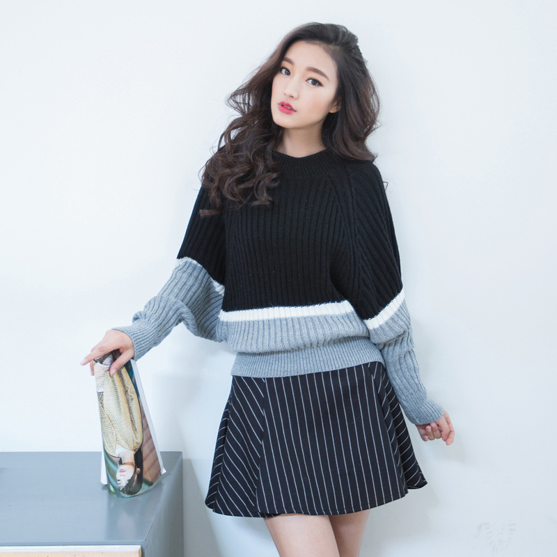 春装新款毛衣2014蝙蝠袖韩版双拼色气质休闲