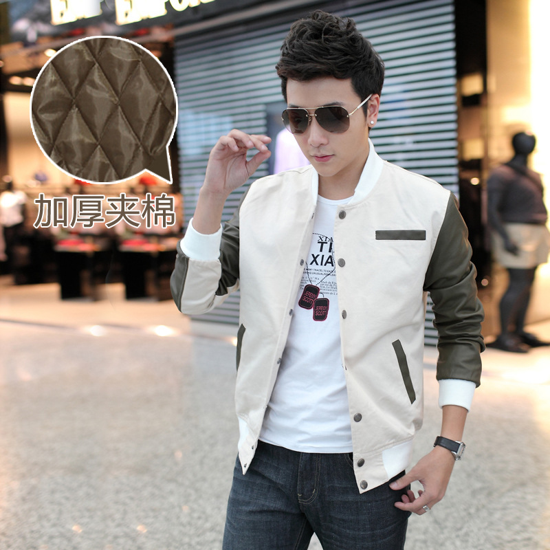 2014新款<em>休闲外套男</em>夹克衫拼接立领短款修身