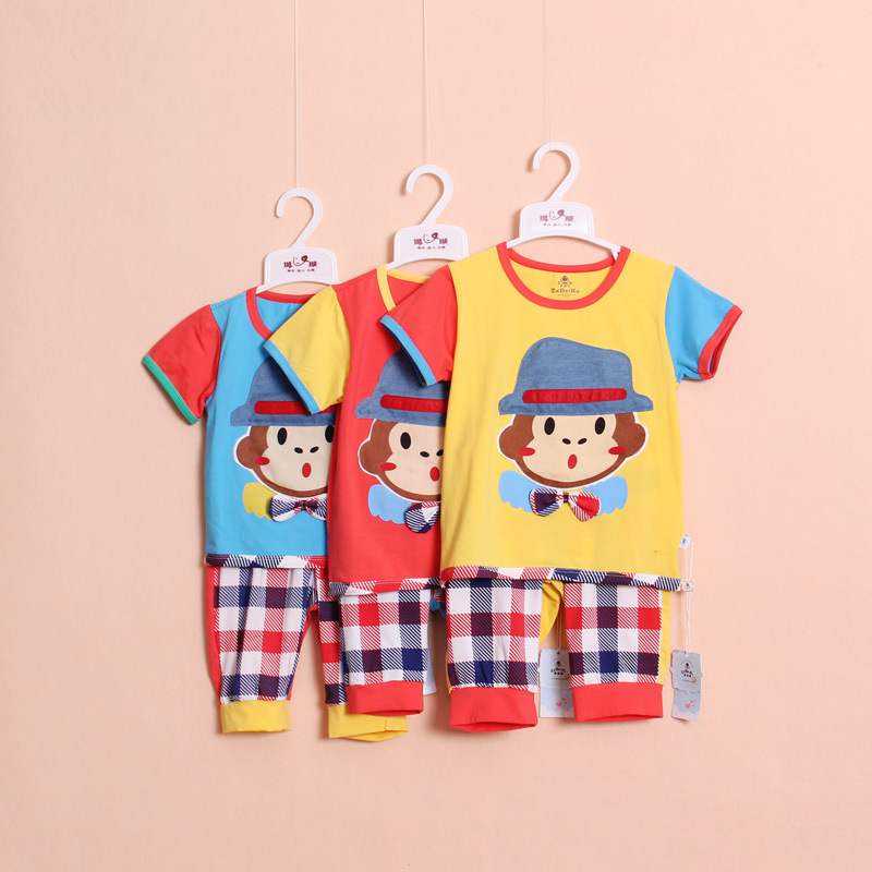 外贸童装卡通带帽猴子<em>格子短裤</em>七分<em>套装</em>小童夏