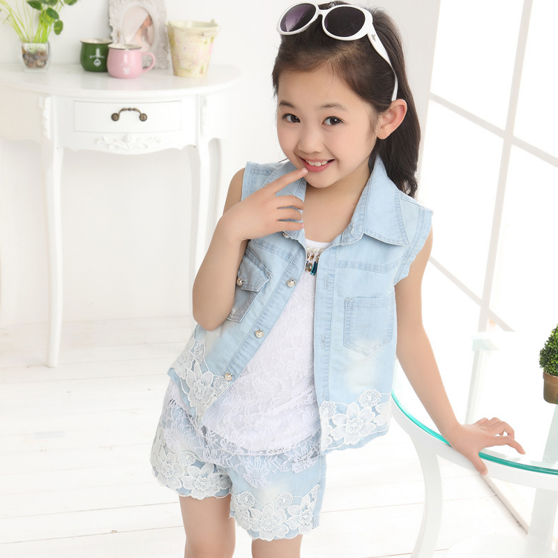 韩版童装2014<em>夏装</em>新款<em>女童</em>儿童牛仔<em>套装</em> <em>女童</em>