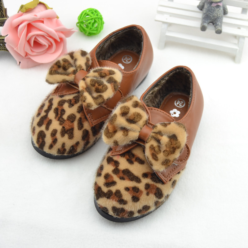 韩国女童鞋批发 秋季新款韩版广州品牌豹纹休闲蝴蝶结童皮鞋
