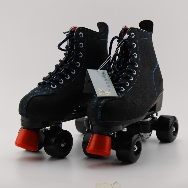 【新款黑色牛皮双排溜冰鞋 旱冰鞋 pu黑色轮子