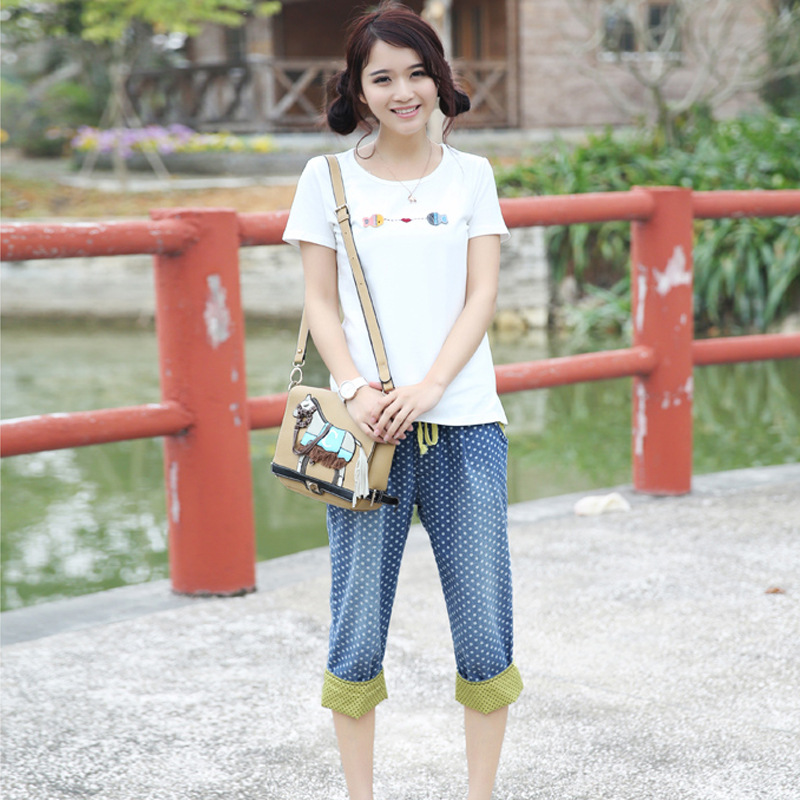 牛仔裤七分 女2014韩版新款哈伦裤女款印花翻