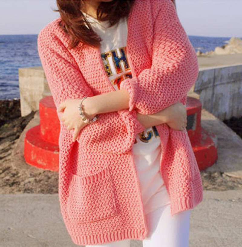stylenanda2014外套宽松粉色超长款毛衣开衫女