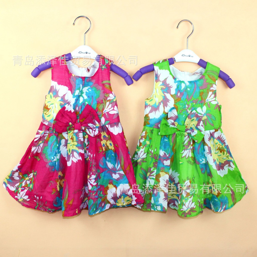 2014夏季新款裙子 女童欧美花朵无袖儿童裙 青