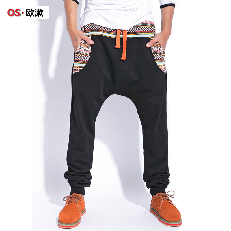 欧漱 大号男装民族黑色修身小脚哈伦长裤男加