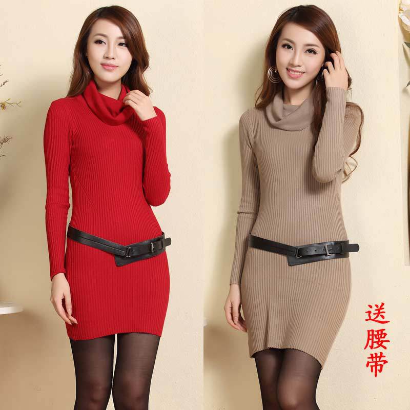 实拍秋装新品韩版<em>修身</em>中<em>长款打底毛衣裙</em>堆堆领