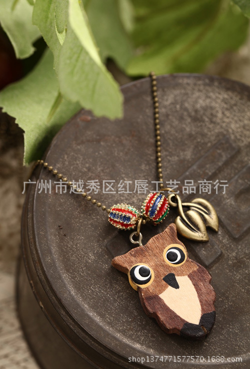 【复古文艺<em>挂链</em> <em>木</em>猫头鹰吊坠项链 长款<em>毛衣</em>链