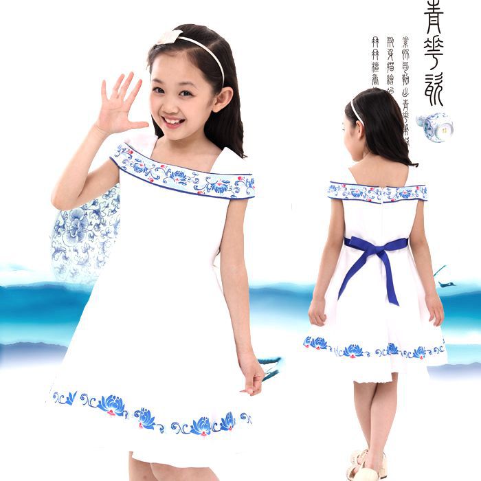 中大<em>女童</em>短袖裙子 唐装复古<em>青花瓷</em>公主<em>连衣裙</em>