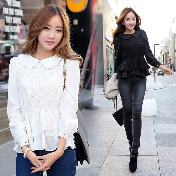 实拍2013欧美风新款娃娃领雪纺拼接蕾丝上衣