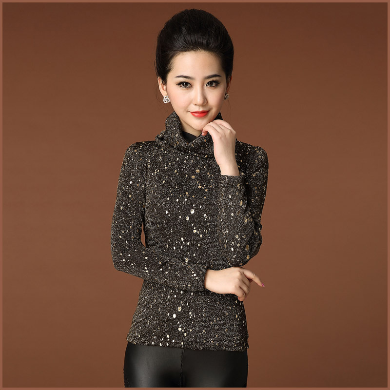 伊莲娜爆款高领春秋装蕾丝打底衫烫金打底衫女