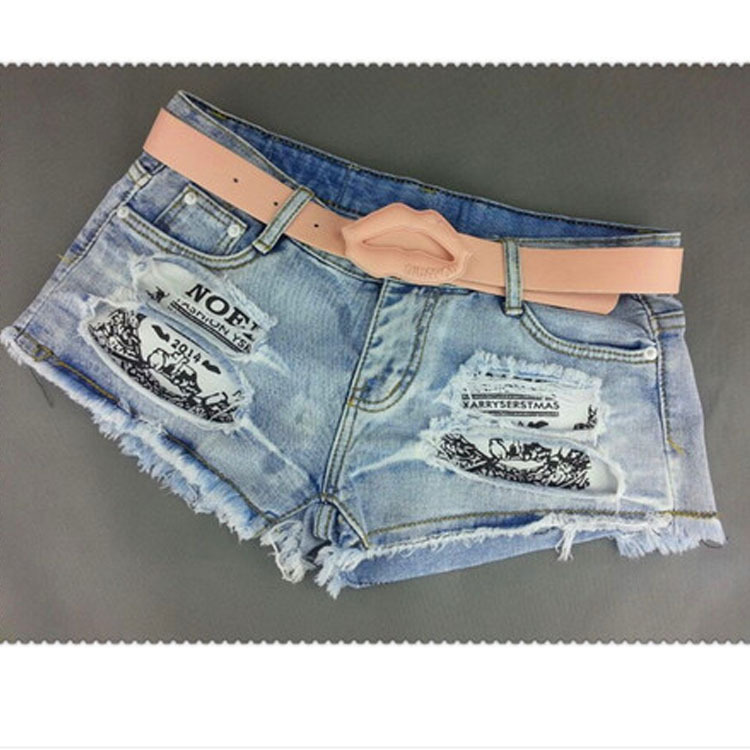 2014韩版显瘦拼接<em>牛仔短裤英文</em>字母时尚休闲