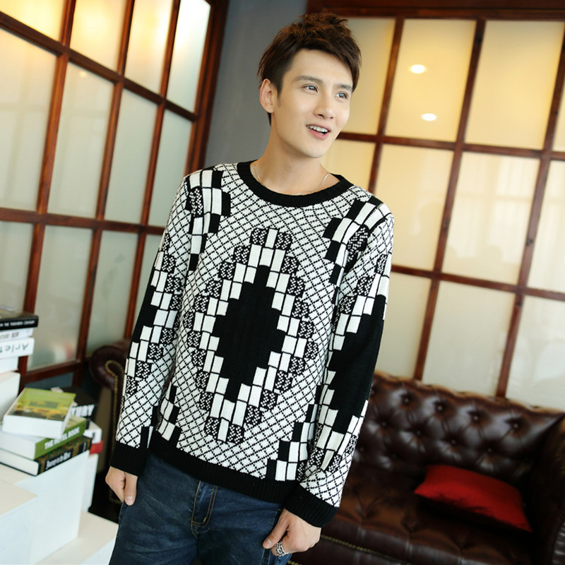 2014春装新款<em>男士针织</em>衫韩版修身圆领几何图