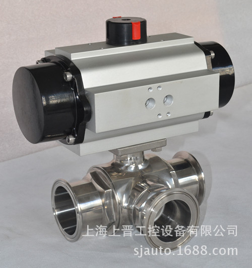 卫生级气动三通球阀,不锈钢材质,卡箍式连接