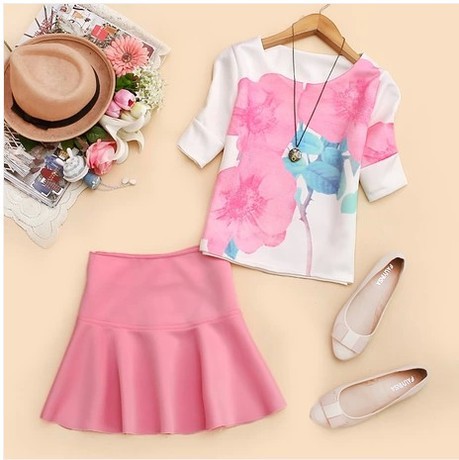 2014<em>新款春装女装</em>圆领<em>两件套</em>半身裙印花T恤 