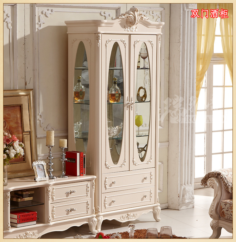 高档欧式雕花双门酒柜 精美客厅实木单门酒柜 带玻璃