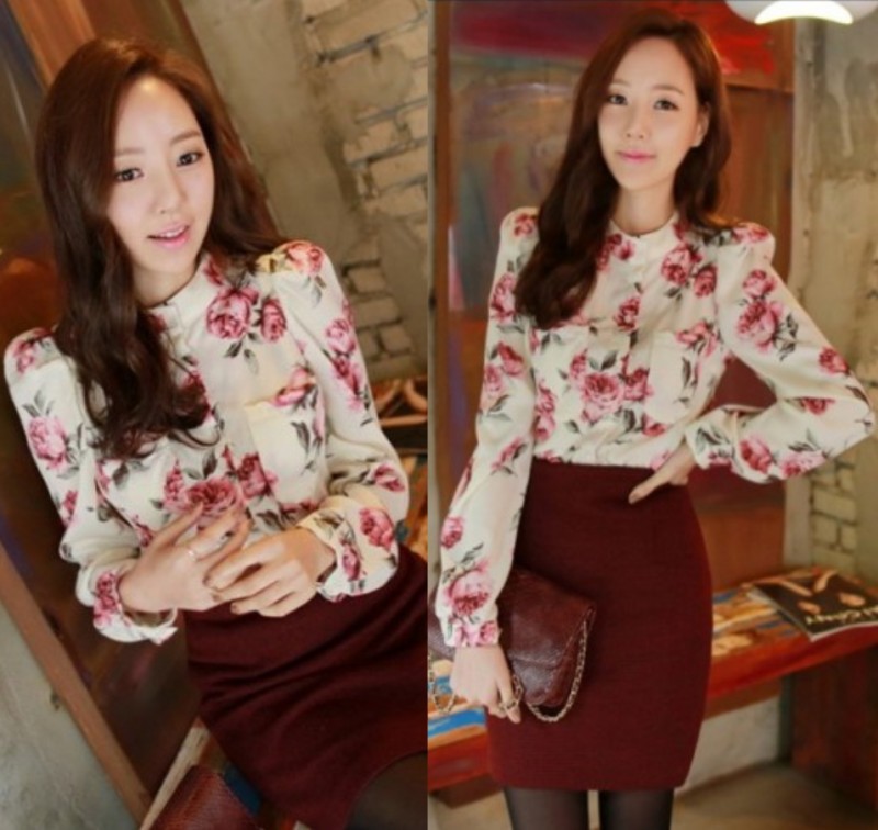 2014<em>春季</em>新款<em>女装衬衫</em> 时尚立领修身长袖雪纺