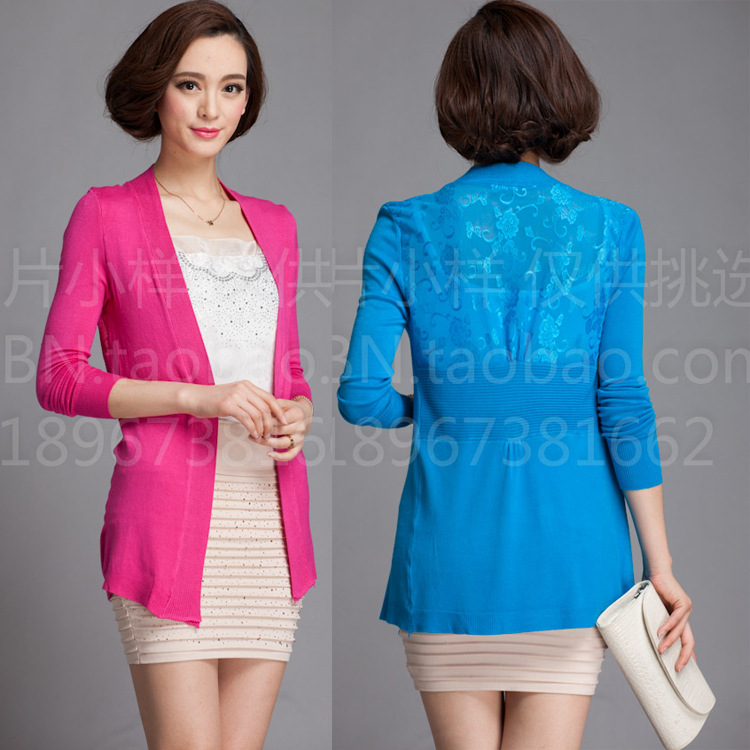 2014<em>春</em>新款后背蕾丝<em>中长款针织</em>衫长袖女<em>开衫</em>
