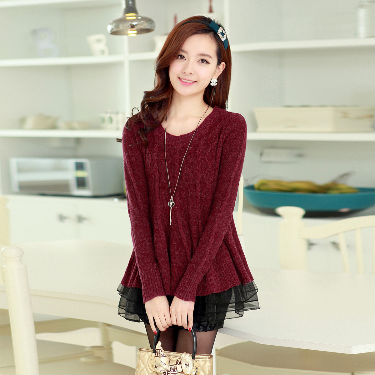 2014新款韩版中长款女针织毛线 甜美针织衫女
