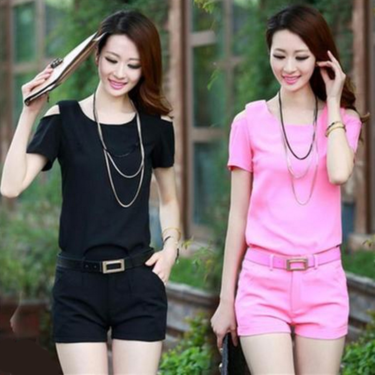 <em>韩版</em>露肩女t恤短袖<em>短裤</em>休闲<em>两件套</em> 时尚夏装女