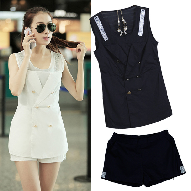 季新款韩版圆领镶钻修身拼接无袖<em>衣短裤套装</em>女