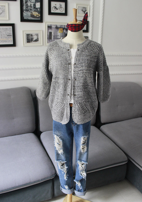 秋季新款韩国东大门铆钉镂空<em>灰色</em>花线<em>短款开衫</em>