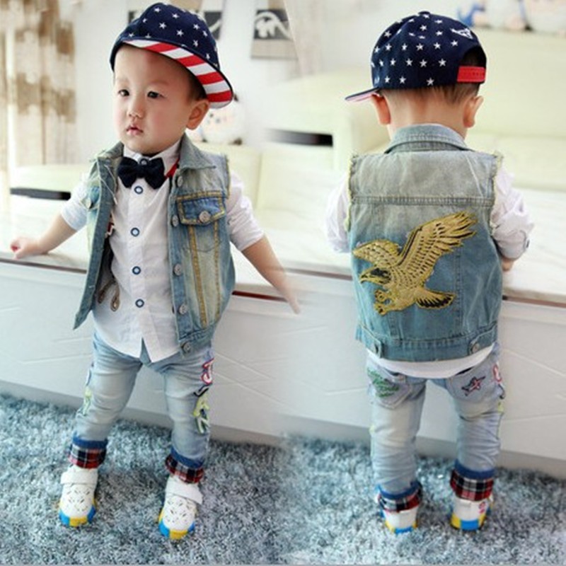 季新款儿童欧美风小童可爱老鹰<em>牛仔马甲童装</em>一